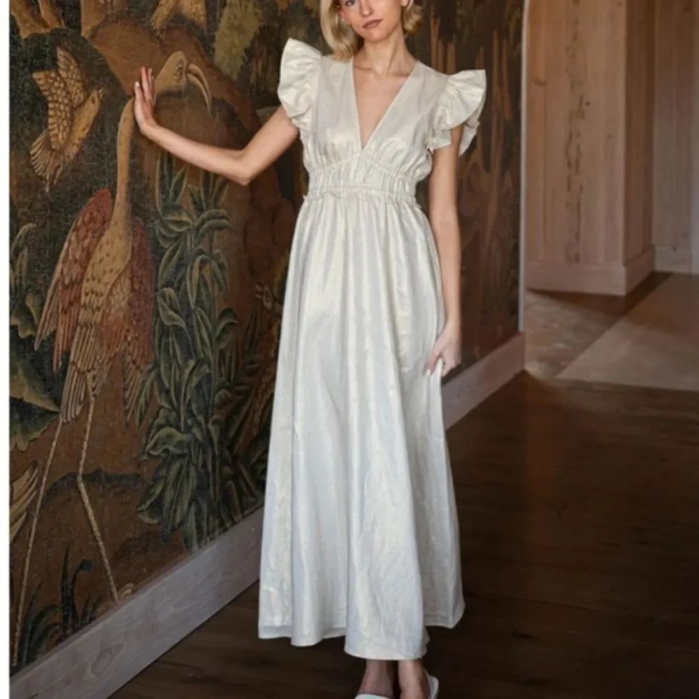 Sail to Sable GOLD V-NECK FLUTTER SLEEVE MAXI DRESS size xsmall